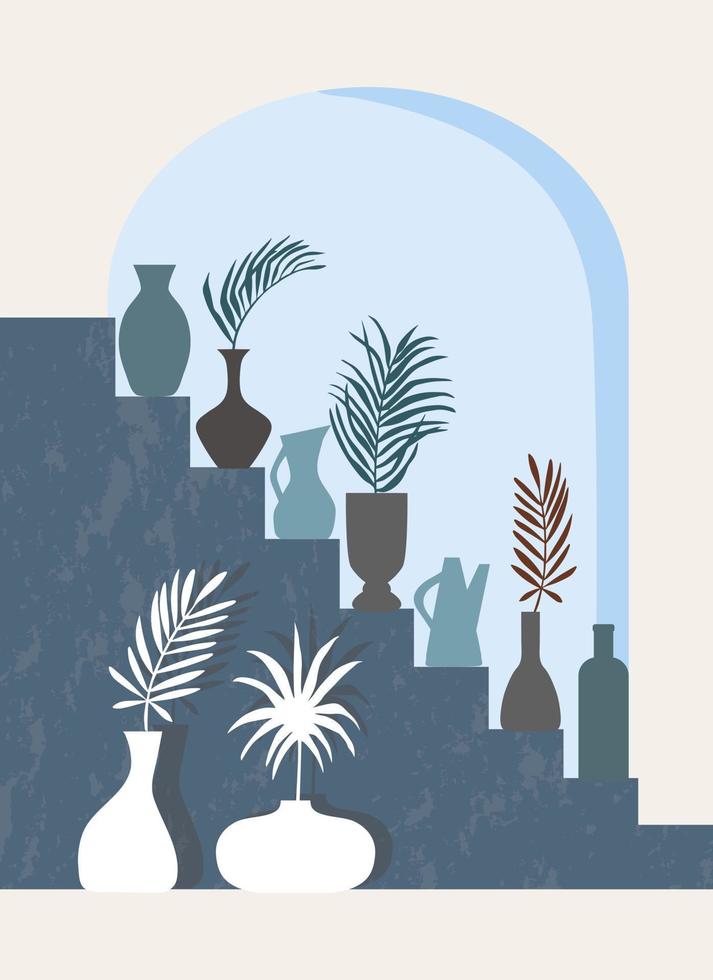 composición abstracta moderna. cartel de estilo boho minimalista. ventana arqueada mística. jarrones y jarras de cerámica, hojas de palma. colores azules vector