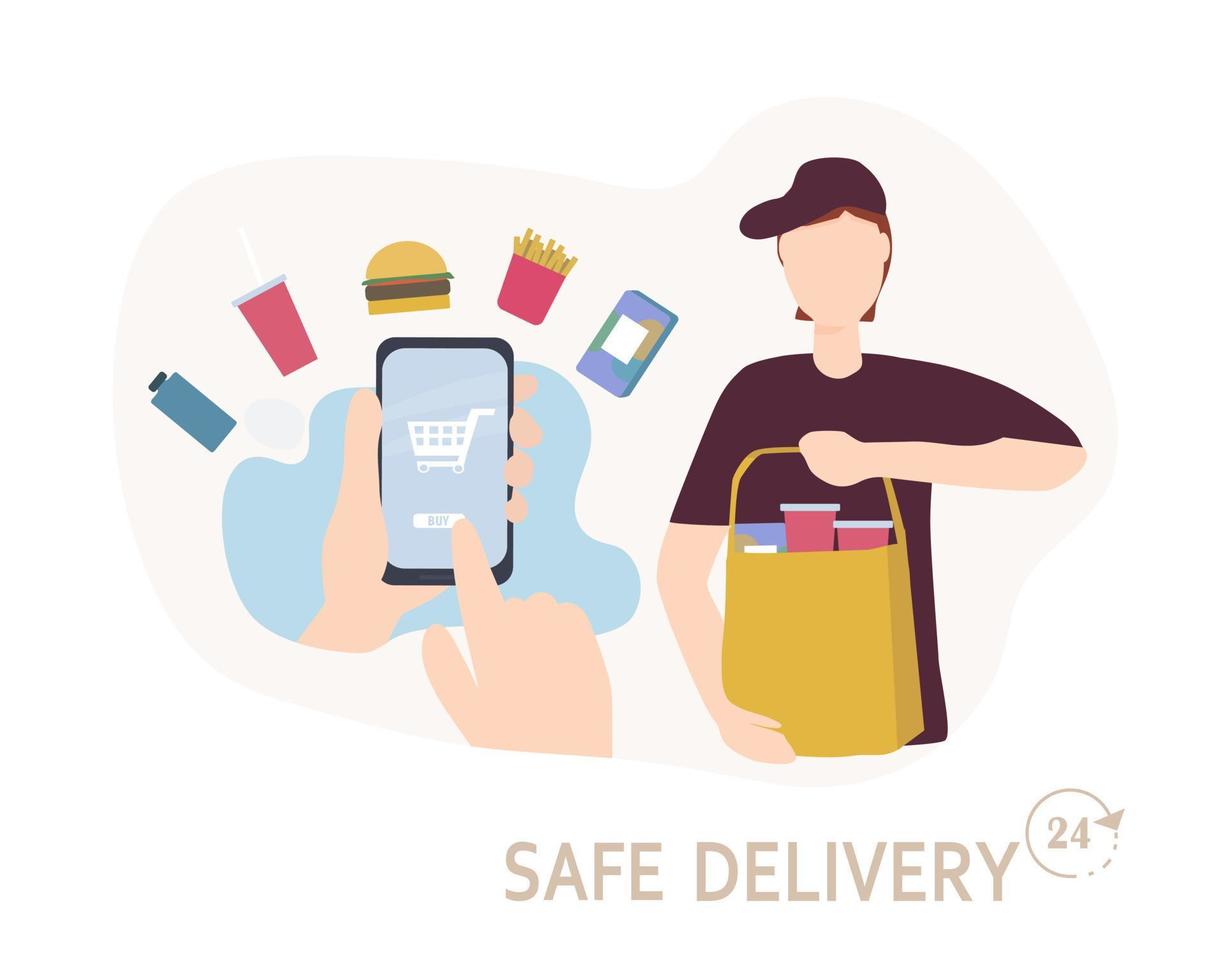 The concept of safe home delivery. The courier holds the package with the goods, hands the customer a fast food. Online store of goods vector