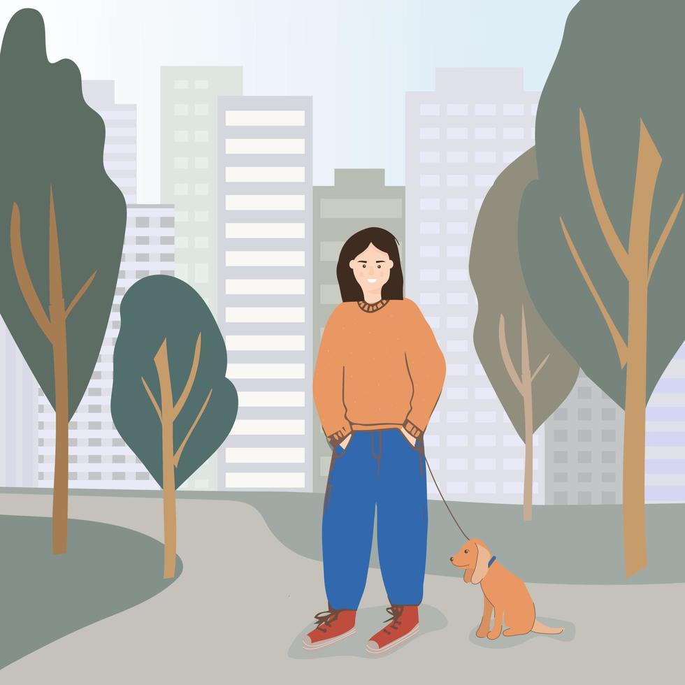 una mujer joven está paseando a su amado perro en un parque de la ciudad vector