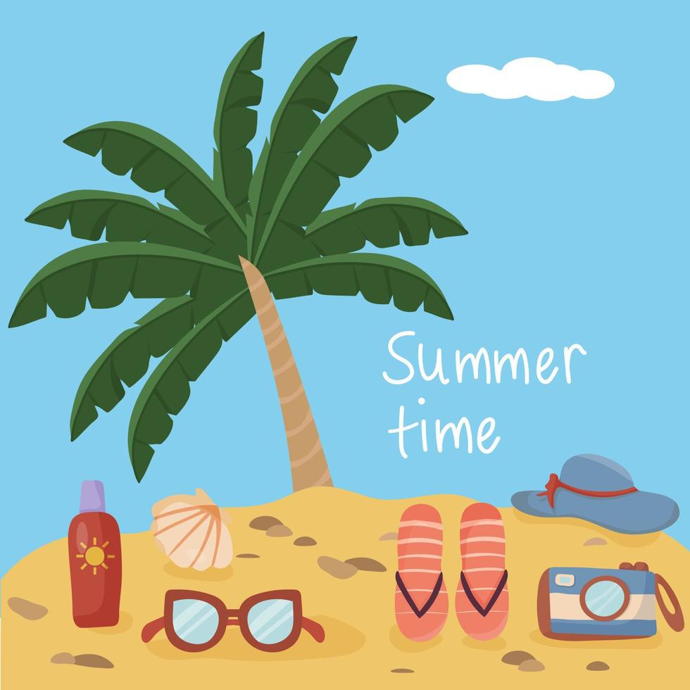 Enjoy the summer time. Set with things to do on vacation at the beach. Vector items and things for party and travel. Yellow sand, palm tree with big leaves and blue sky