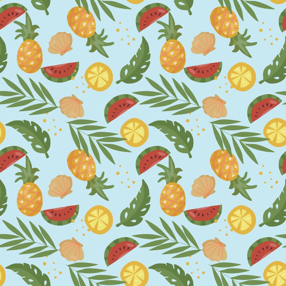 Seamless pattern with tropical fruit and palm leaves. Watermelon and orange slices, pineapple vector