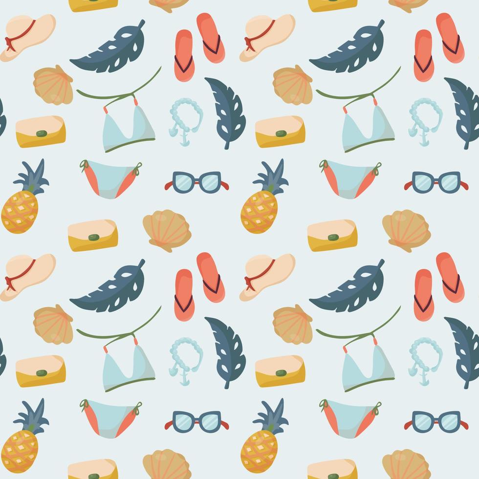 Seamless pattern with summer things and objects. beach accessories with bathing suit, flip flops and sunglasses. vector