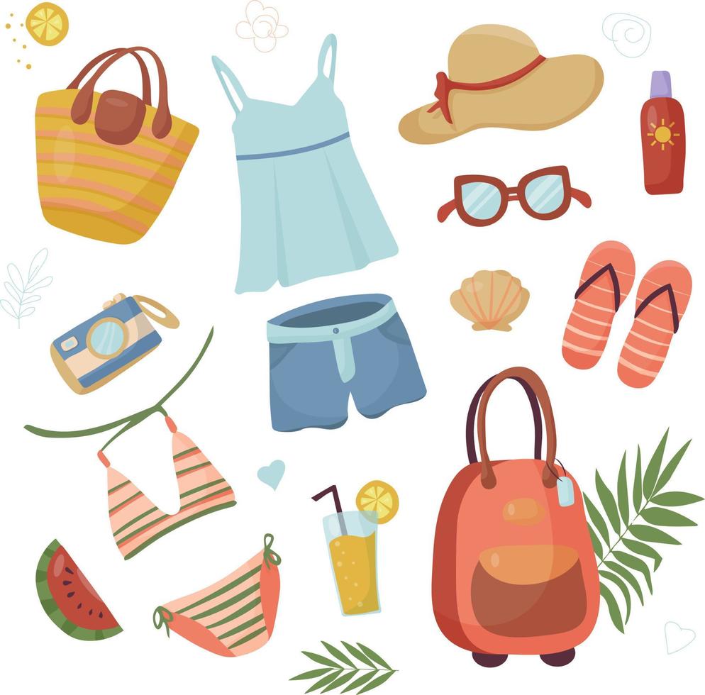 cosas de verano listo para viajes y vacaciones. colección de playa: traje de baño, gafas de sol, gran sombrero de verano, chanclas vector