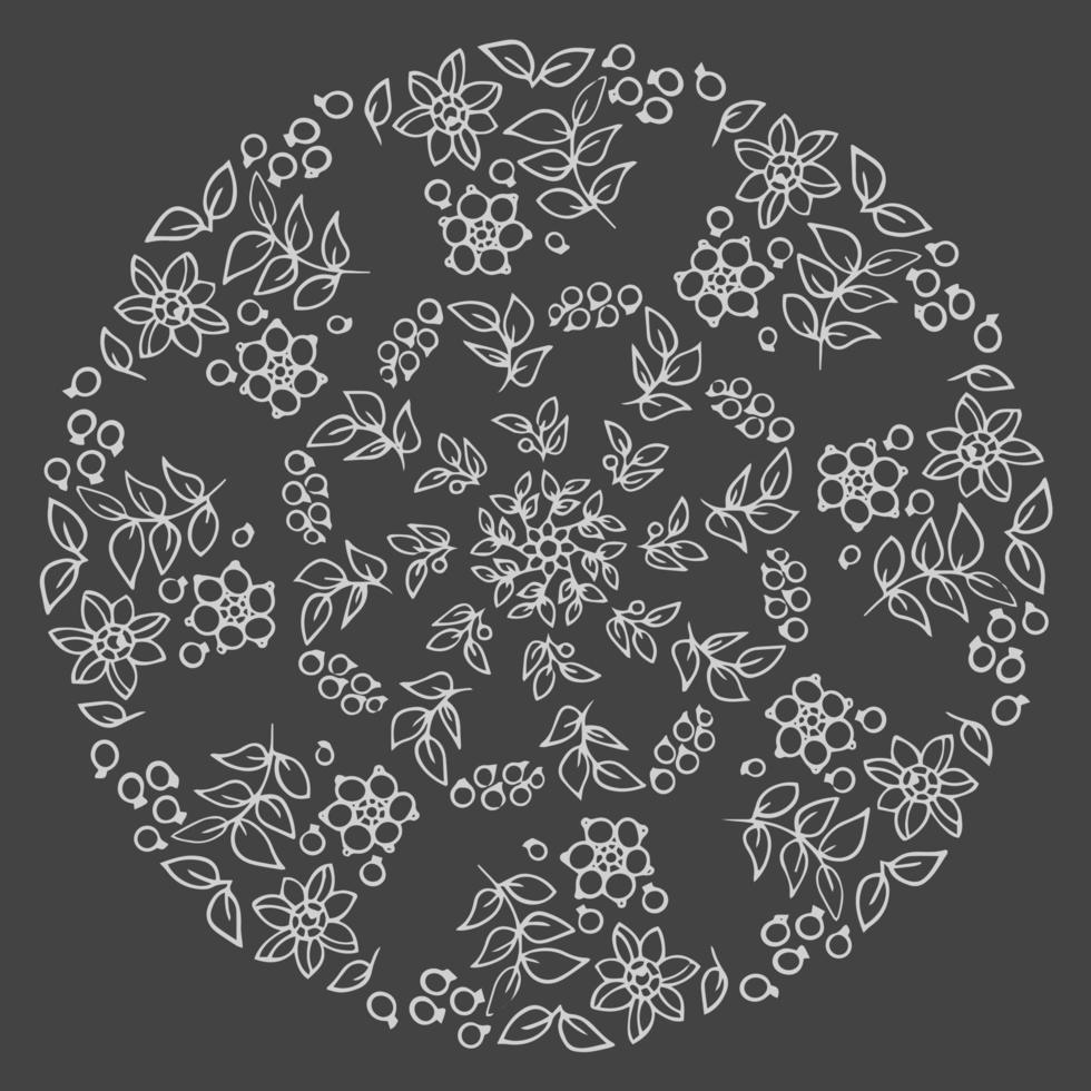 Flowers, leaves and berries in botanical composition. Vector hand drawing, line art. Mandala