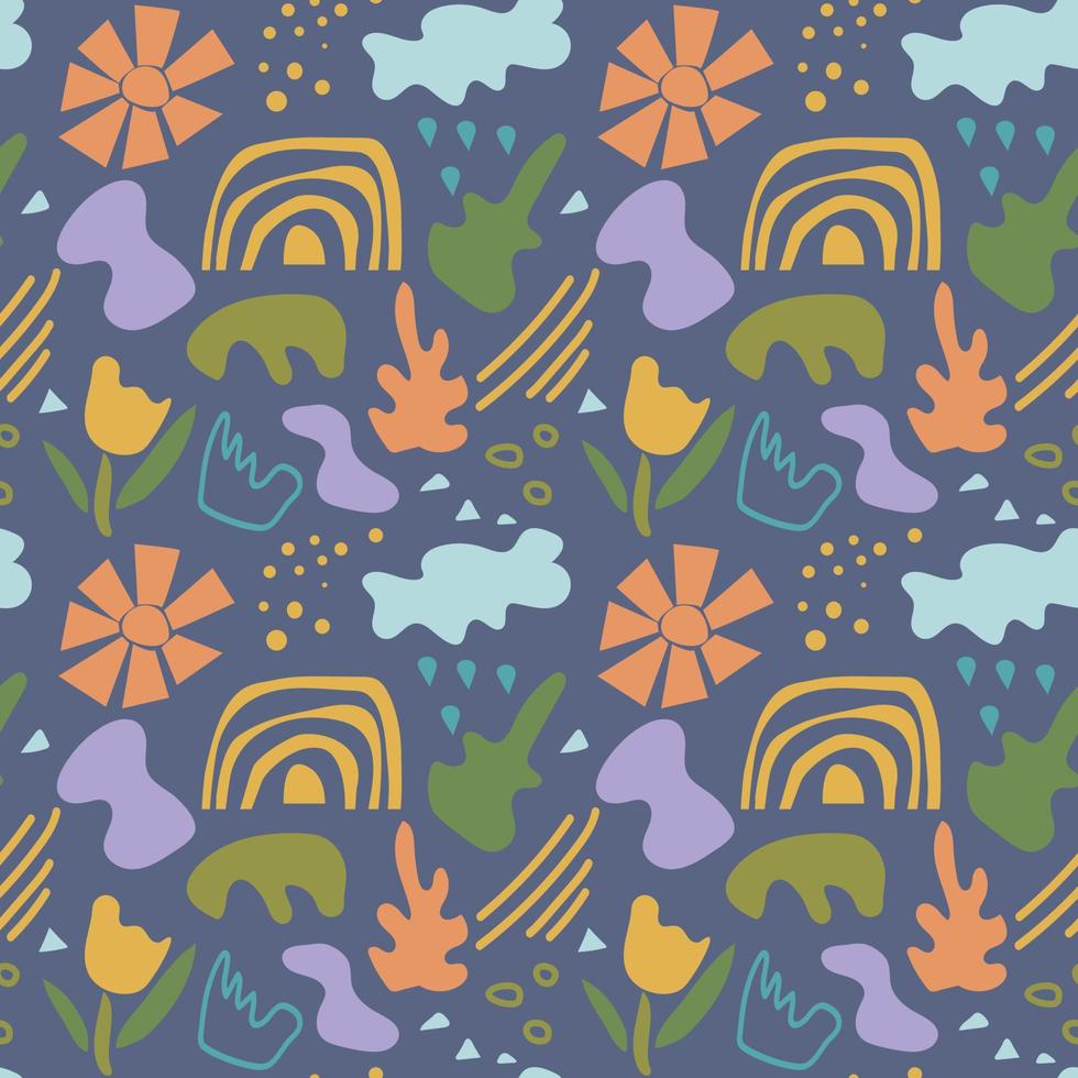 Seamless abstract pattern of simple organic shapes and lines. Natural botanical elements, flowers, rainbows vector