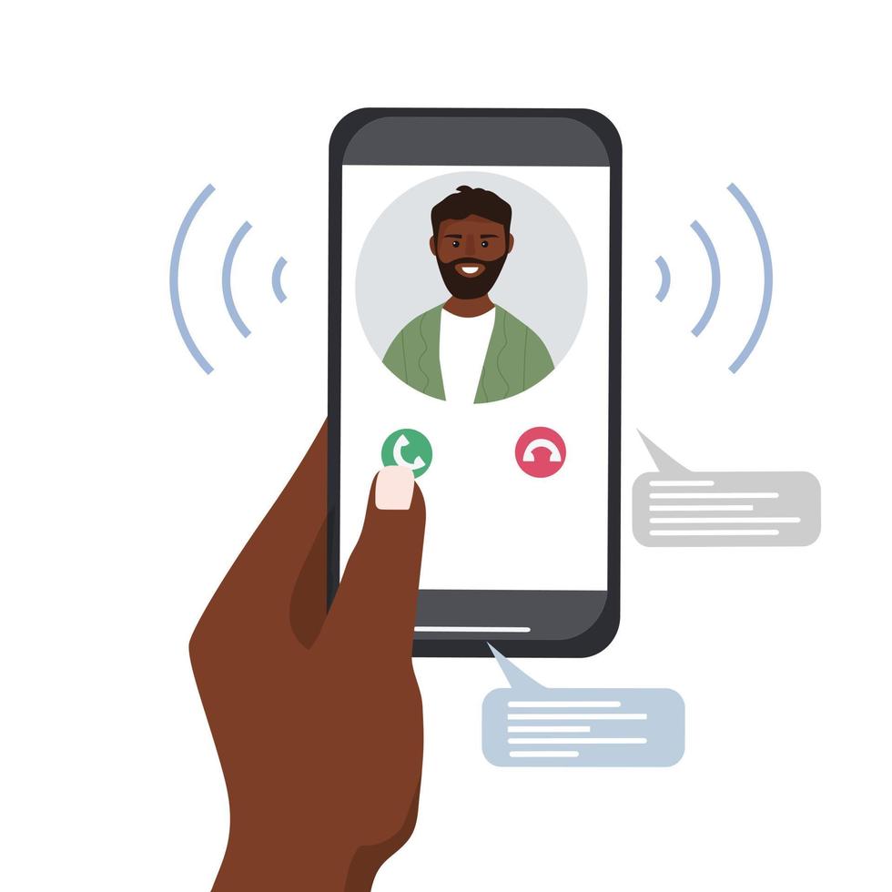 A hand holds a smartphone with an incoming call. Portrait of a person from contacts on the phone screen. Mobile applications and Internet technology. vector