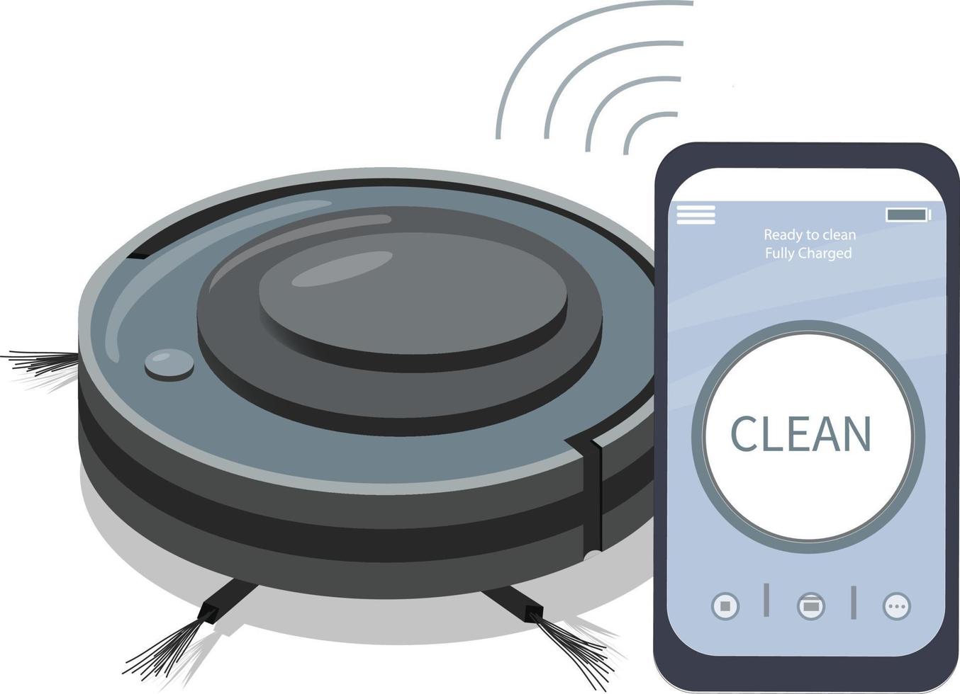 una aplicación para teléfonos inteligentes que controla una aspiradora robot. electrodomésticos modernos para la limpieza de apartamentos. electrodomésticos inteligentes. conexión inalámbrica. vector