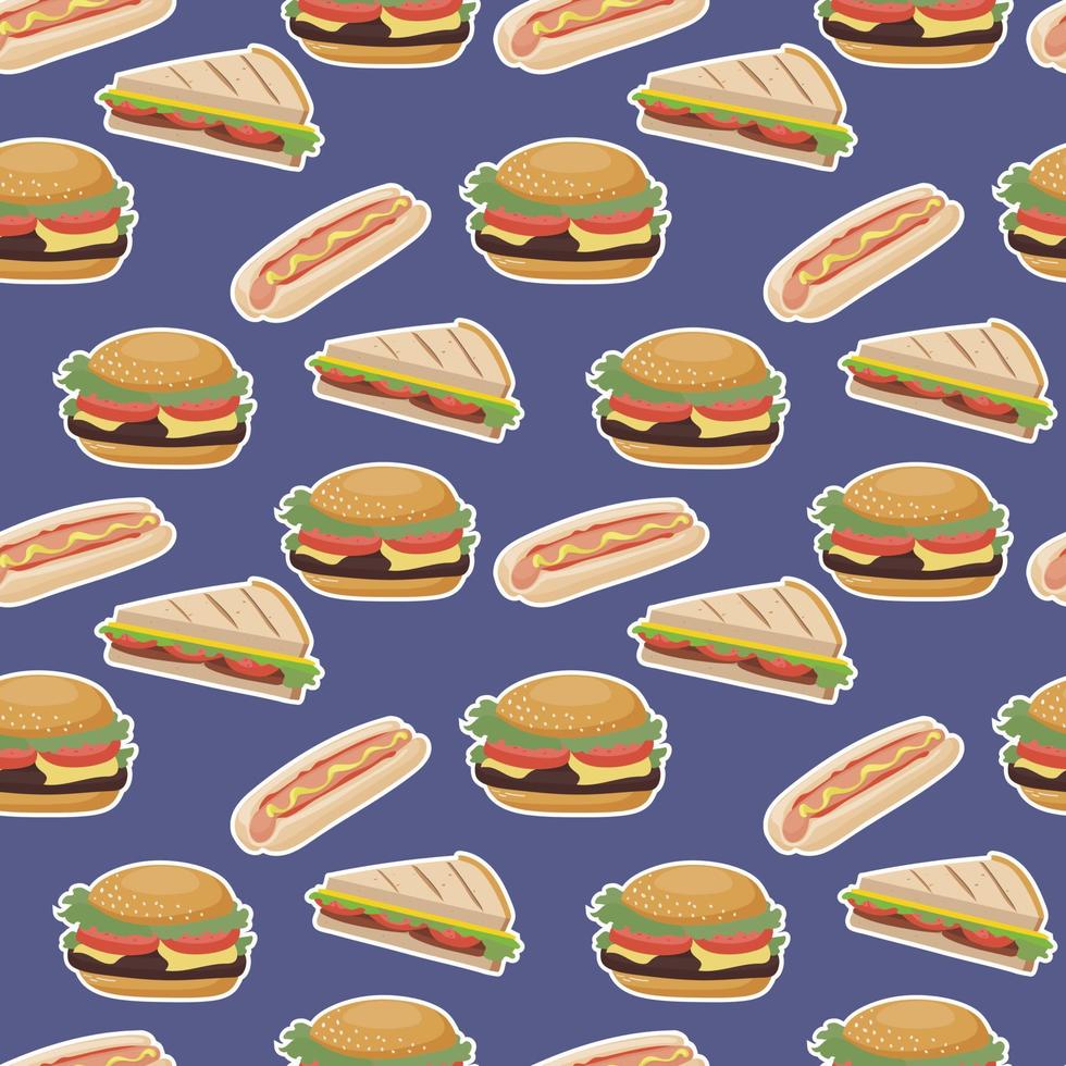 Seamless pattern with fast food. With hamburgers, sandwiches and hotdogs vector