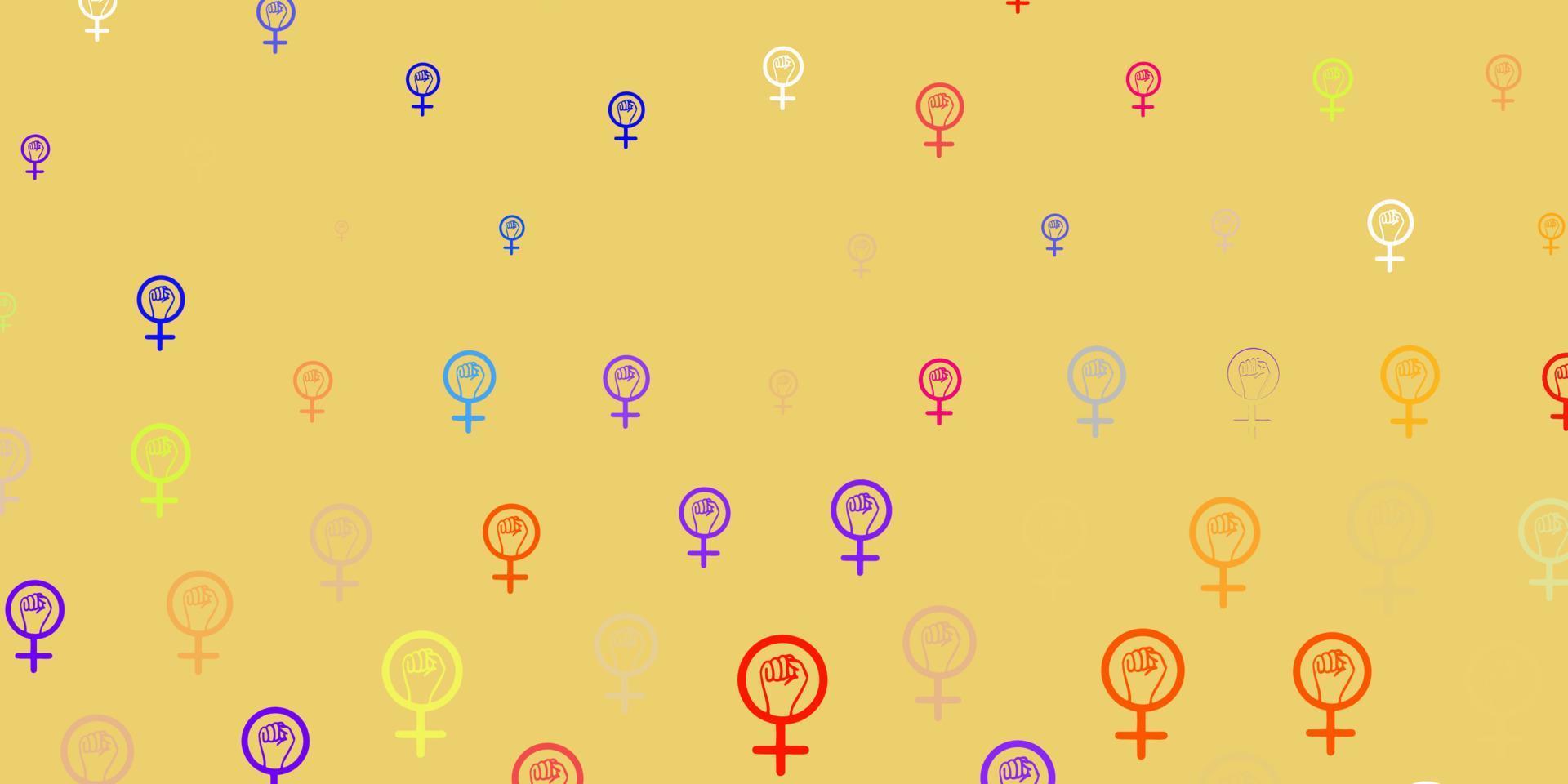 Fondo de vector amarillo claro con símbolos de poder de las mujeres.