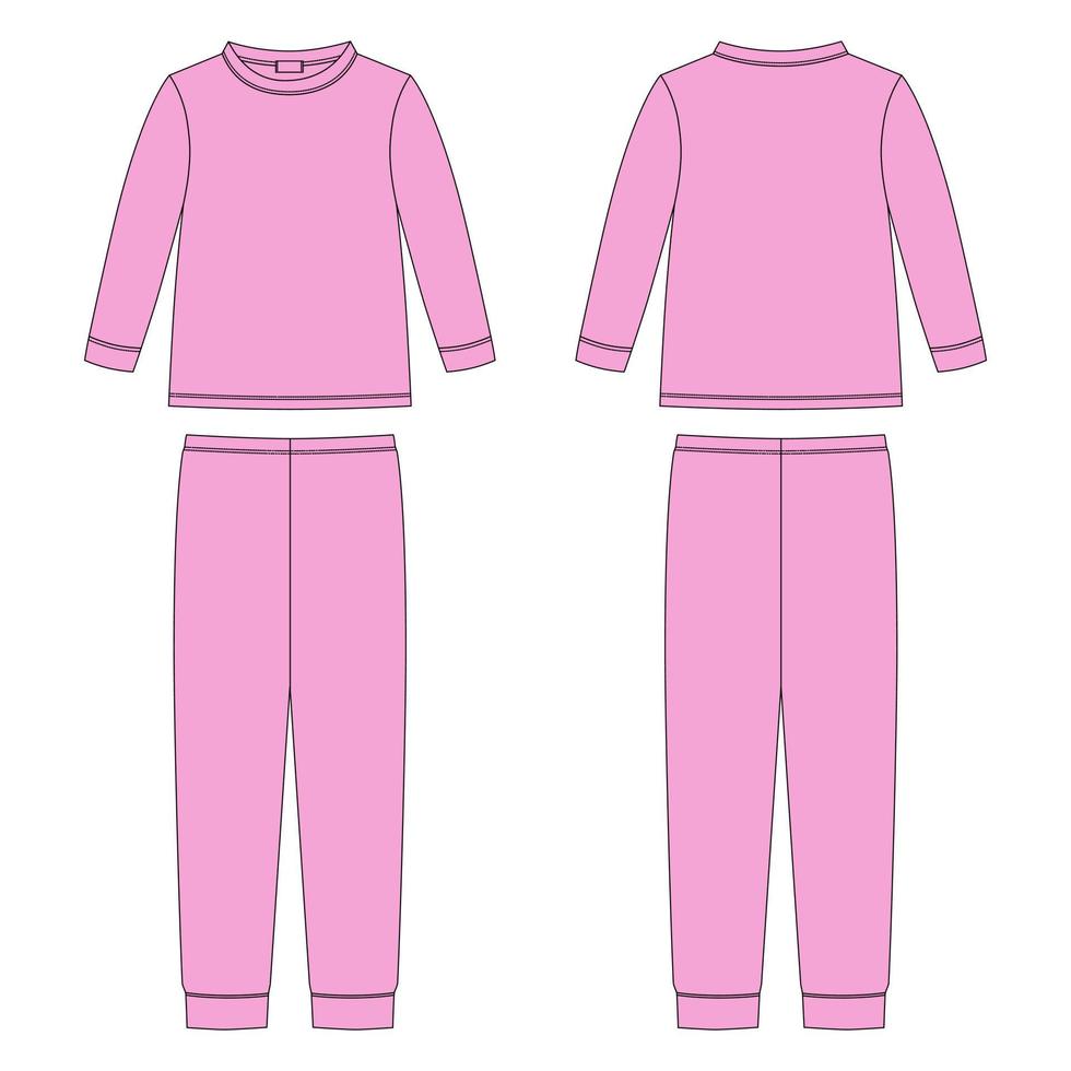 Childrens cotton sweatshirt and pants. Apparel pajamas technical sketch. Kids outline nighwear design template. Pink colors. vector