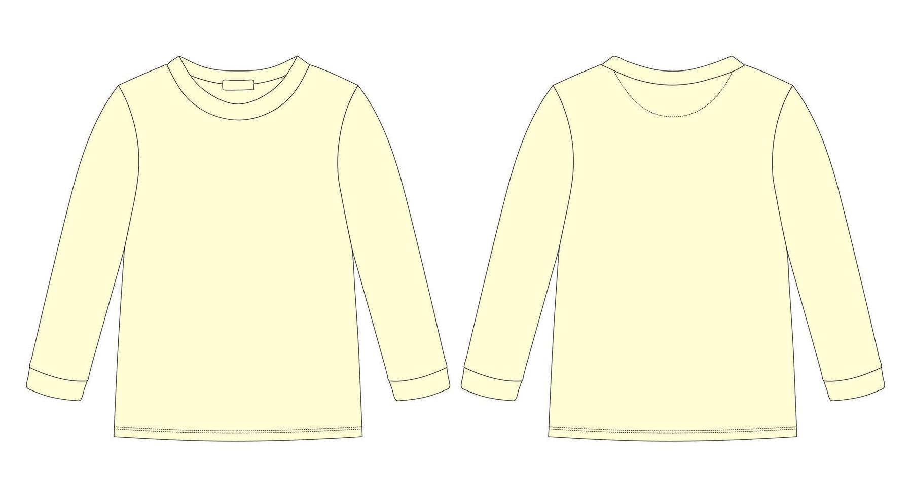 Childrens technical sketch sweatshirt. Kids wear jumper design template collection. Front and back view. Yellow color. vector