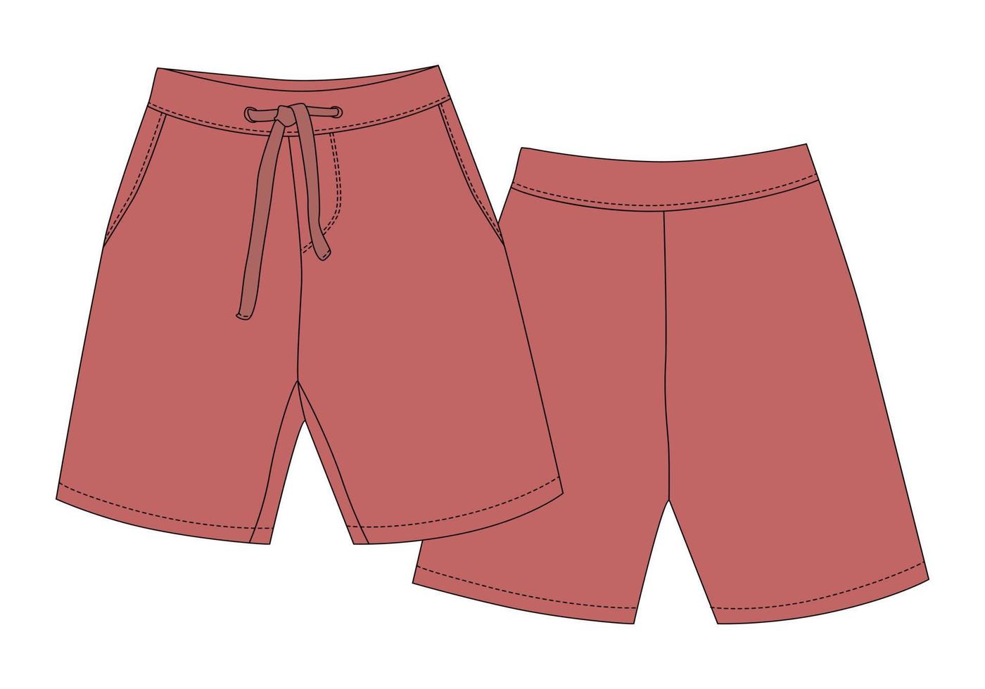 Technical sketch sport shorts pants design. Coral color. Boy clothes template. Casual style. vector