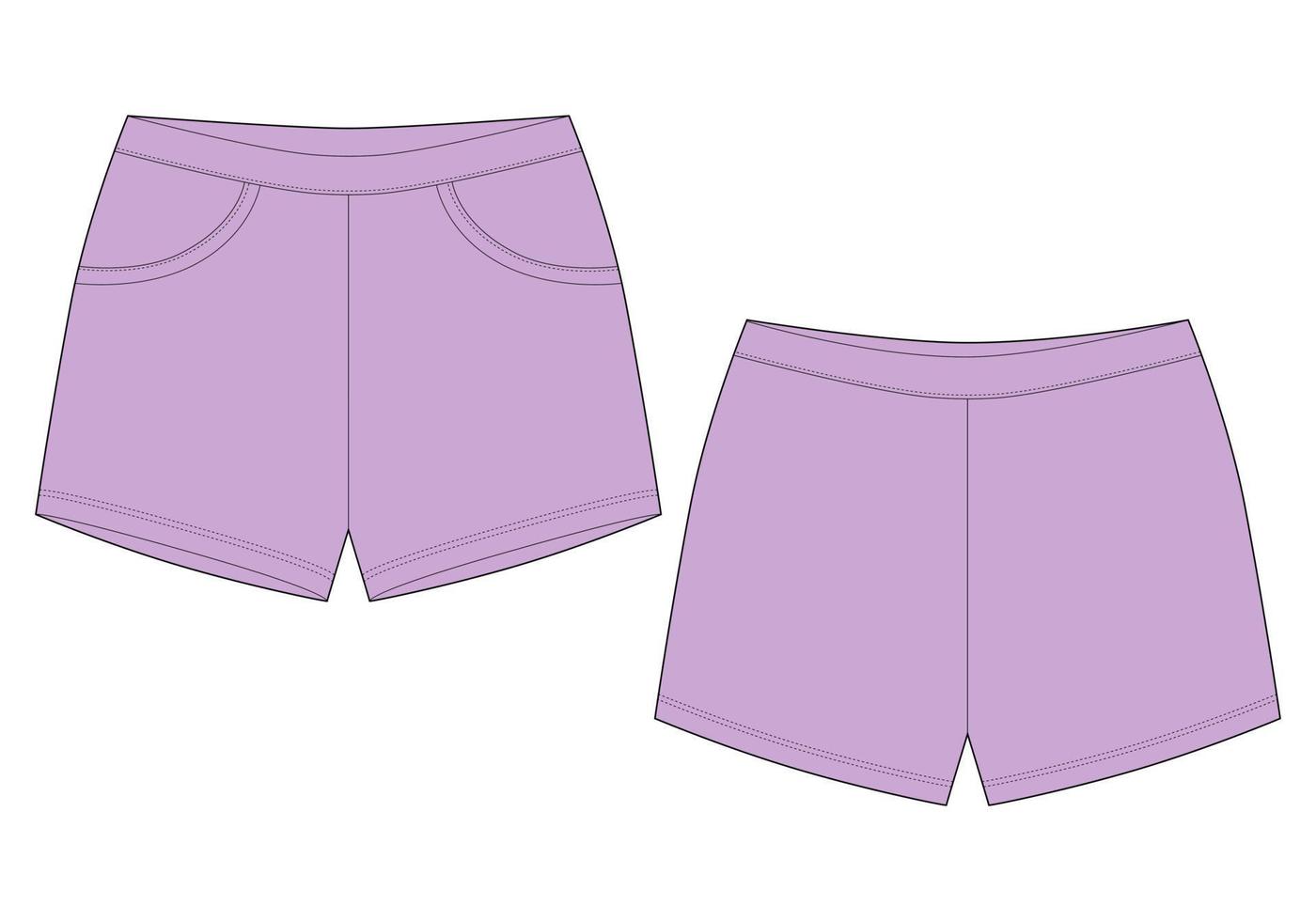 boceto técnico de la plantilla de diseño de pantalones cortos para dormir. maqueta de pantalones cortos deportivos elásticos. color púrpura. vector