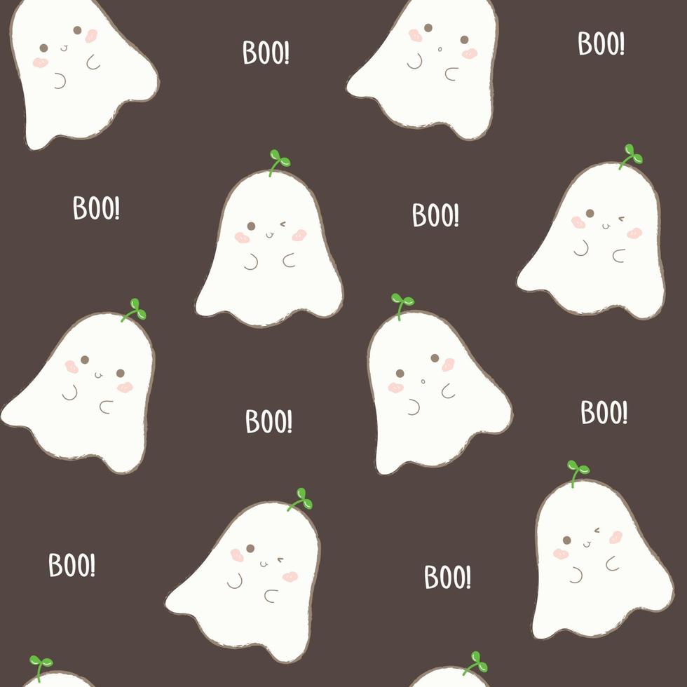 Cute white Halloween ghost on dark background, seamless pattern vector illustration.