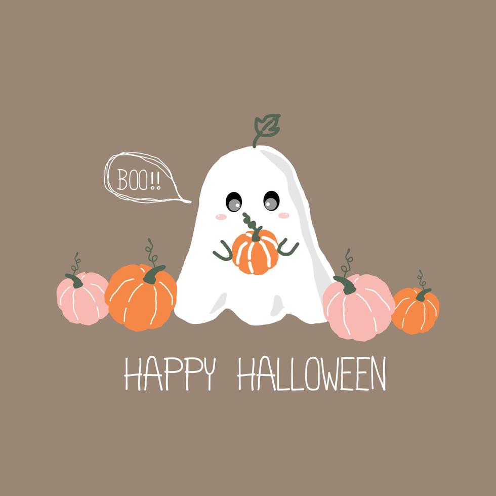 lindo espíritu fantasma sosteniendo una pequeña calabaza. feliz halloween con fantasmas blancos aterradores. lindo personaje espeluznante de dibujos animados. ilustración vectorial de diseño plano vector