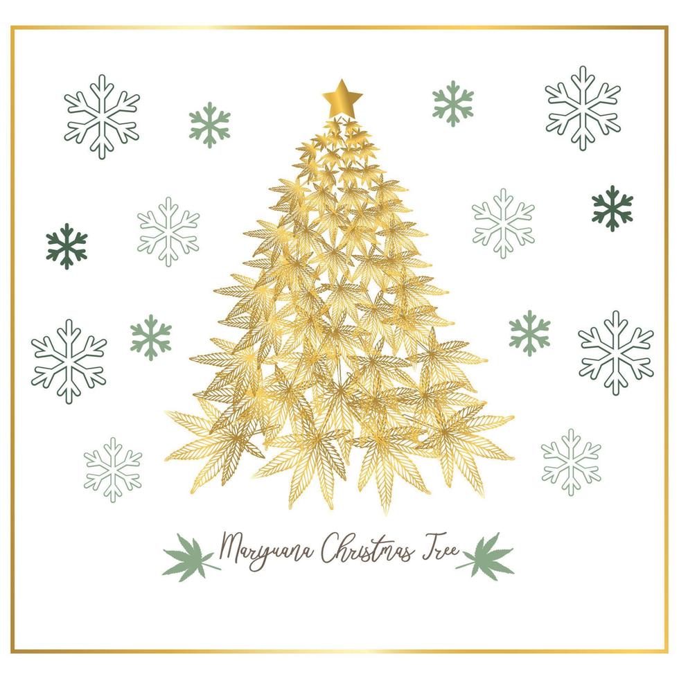 Golden Marijuana Christmas Tree, Cannabis Christmas Tree, Cannabis Leaves Vector Illustration.