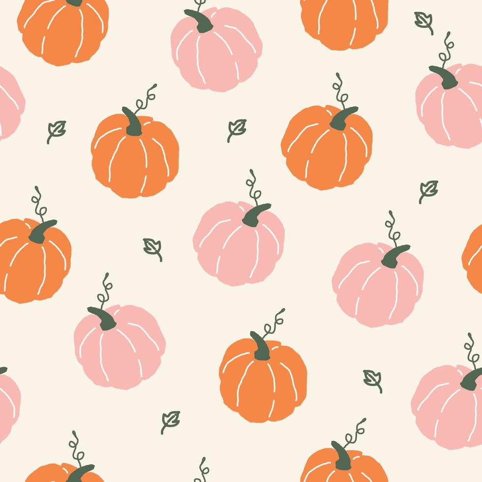 patrón sin costuras de calabaza, dibujo a mano alzada, calabaza rosa y naranja sobre fondo de color crema, ilustración vectorial. vector