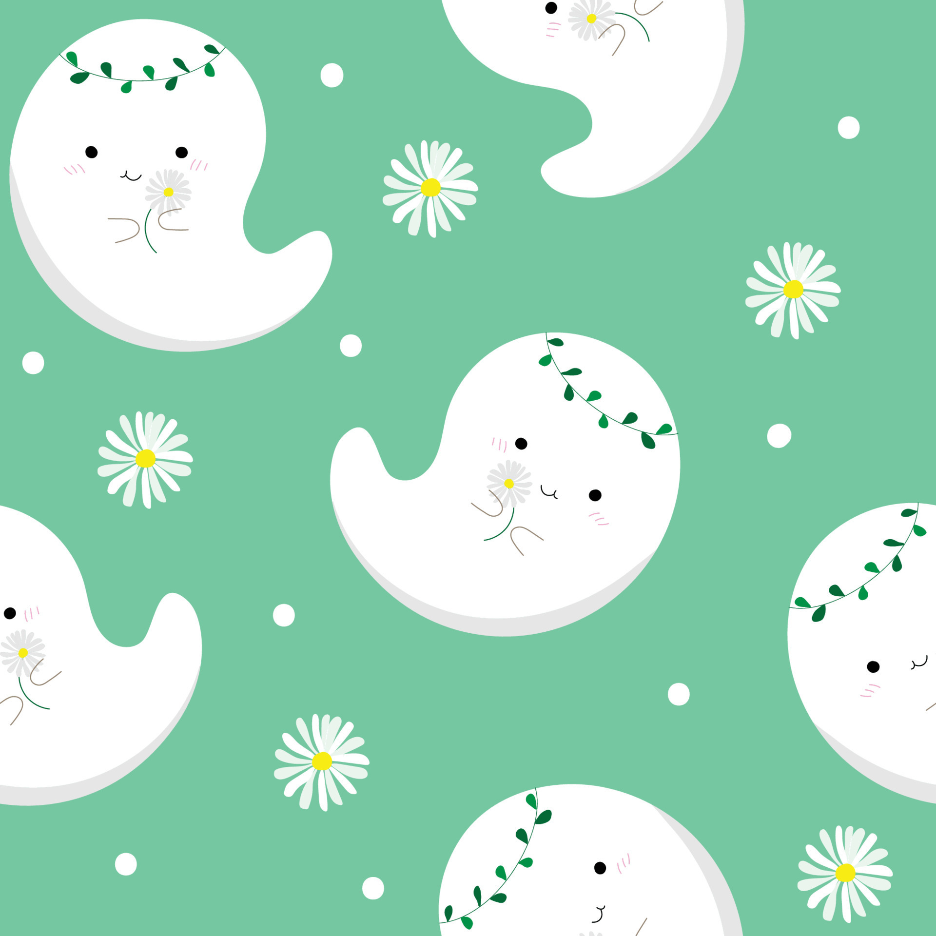 Cute Halloween pattern, white ghosts with daisy flowers on mint green background. 7457509 Vector Art at Vecteezy Cute Halloween pattern, white ghosts with daisy flowers on mint green background. 7457509 Vector Art at Vecteezy