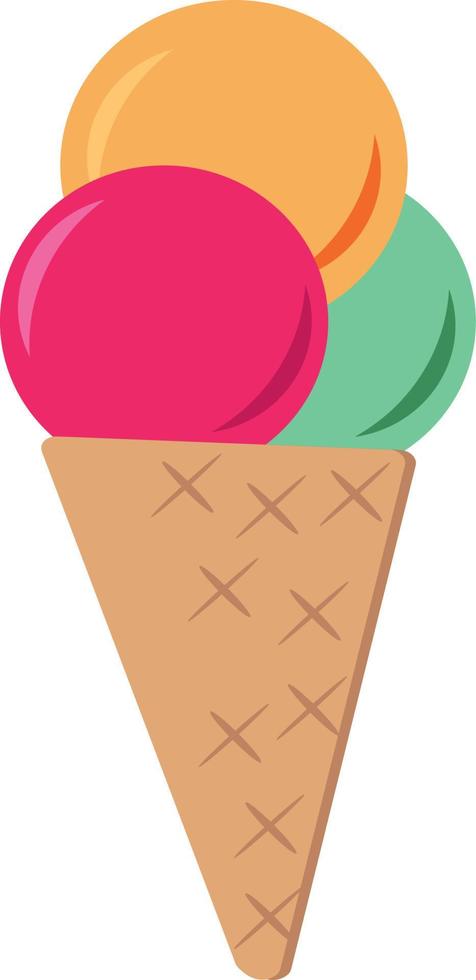 ice cream in a waffle cone. three multi-colored balls. single element in flat style. sweet dessert vector