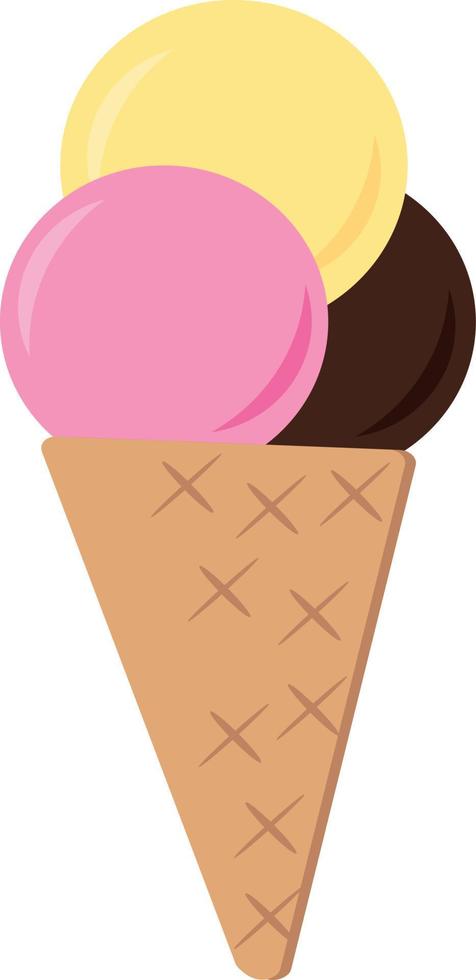 ice cream in a waffle cone. three multi-colored balls. single element in flat style. sweet dessert vector