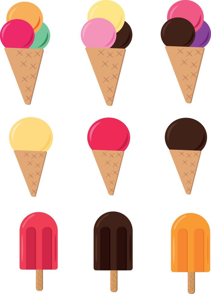 helado en un cono de galleta y en un palo. conjunto de elementos de estilo plano. iconos de postre dulce vector