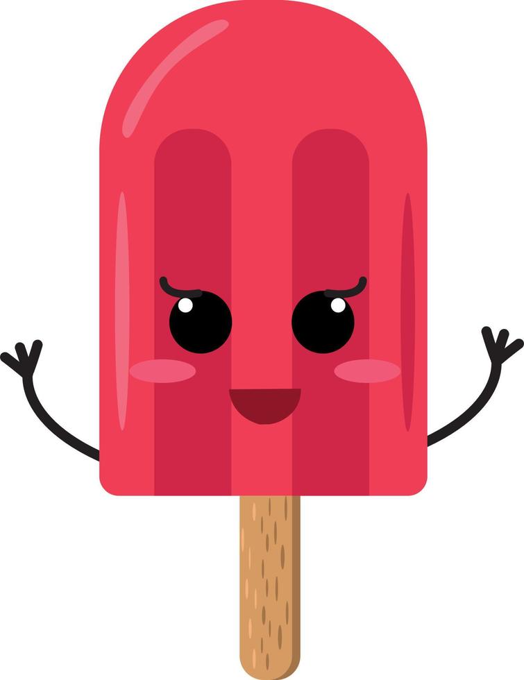 ice cream on a stick with a smile and hands in flat style. single element for design. cute berry summer dessert cartoon character face vector