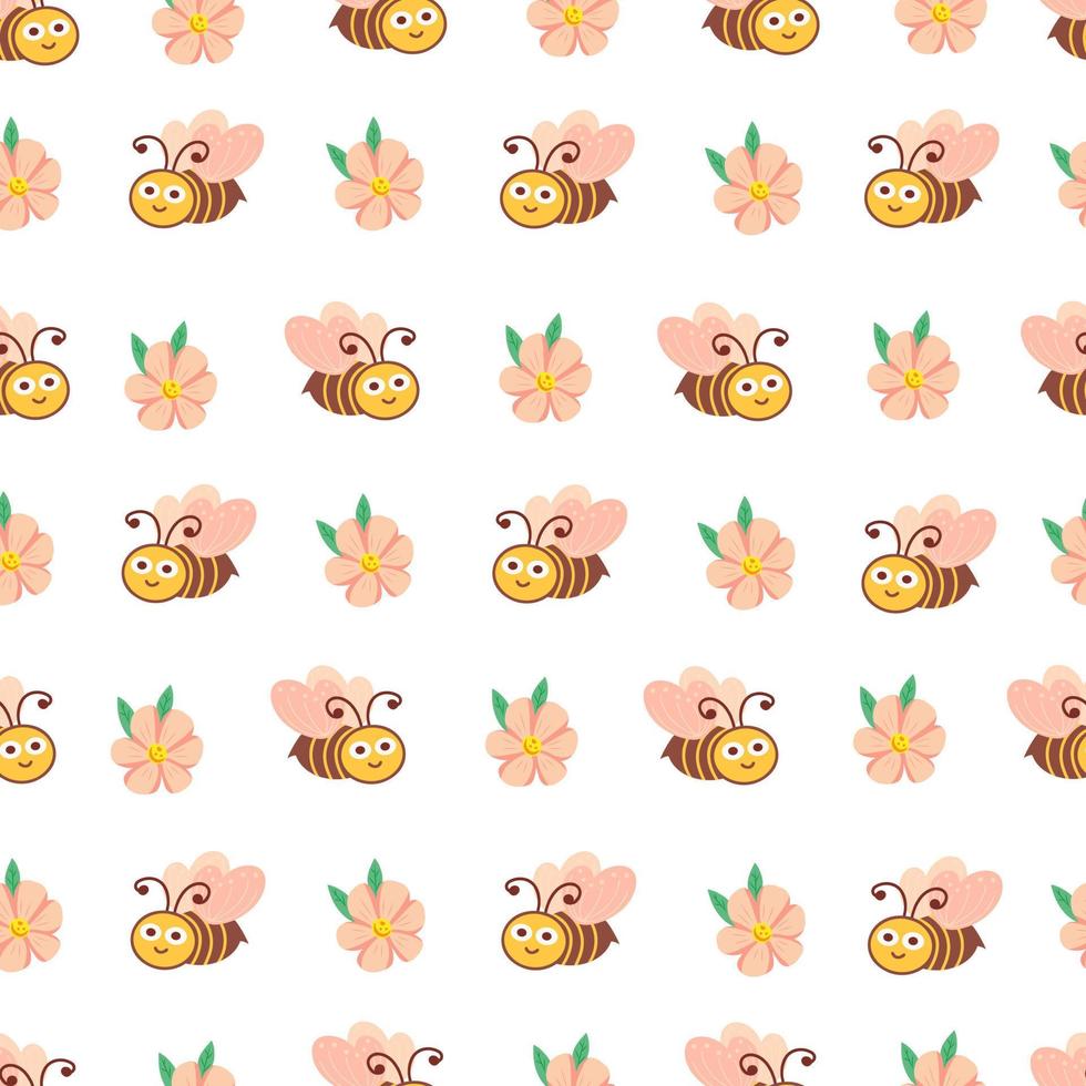Cute bee and flower seamless pattern. Illustration for printing, backgrounds, covers, packaging, greeting cards, posters, stickers, textile and seasonal design. Isolated on white background. vector