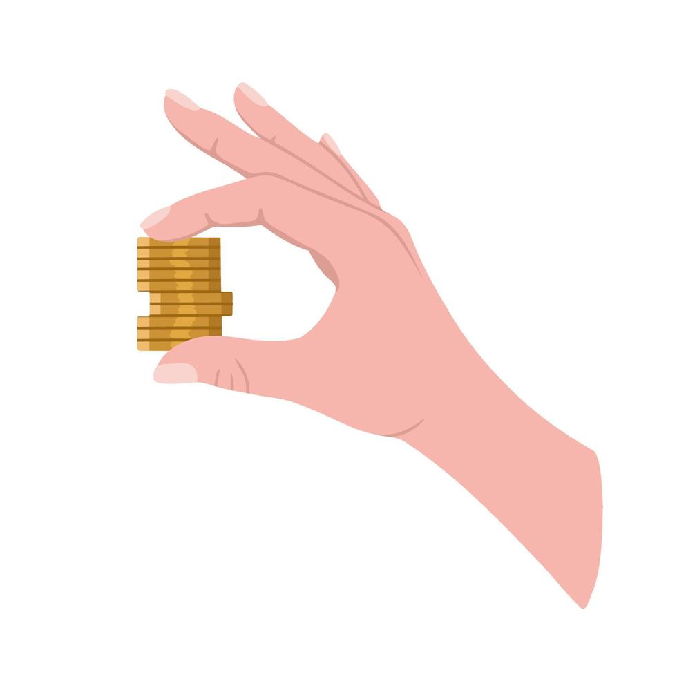 Hand with coins, money, cash in hands. Illustration for printing, backgrounds, covers, packaging, greeting cards, posters, stickers, textile and seasonal design. Isolated on white background. vector