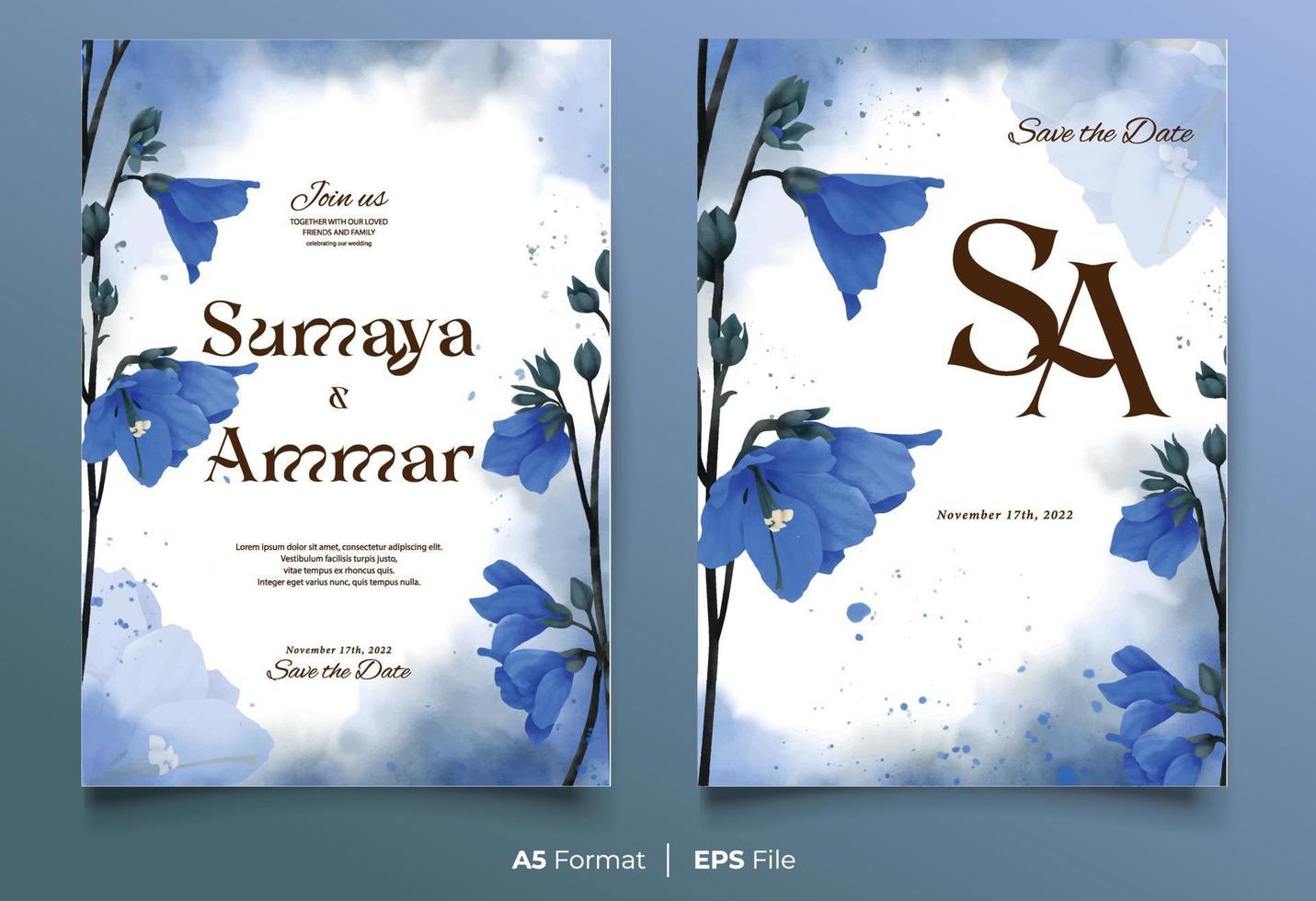 Watercolor wedding invitation template with blue flower ornament vector