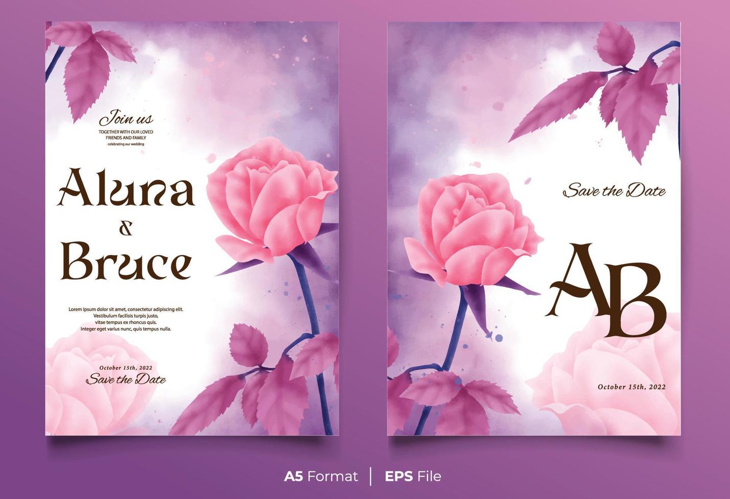 Watercolor wedding invitation template with pink flower ornament vector