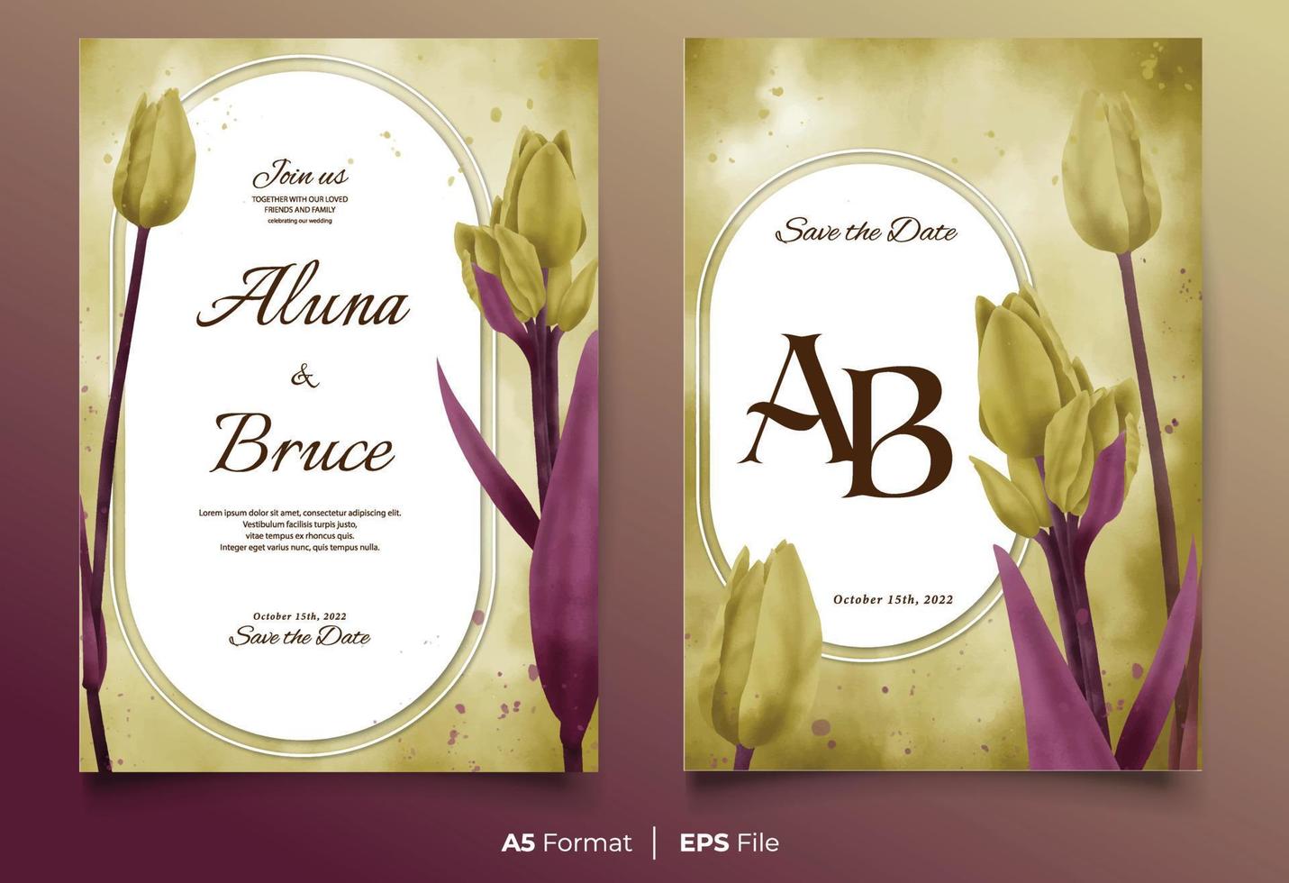 plantilla de invitación de boda de acuarela con adorno de flor amarilla vector