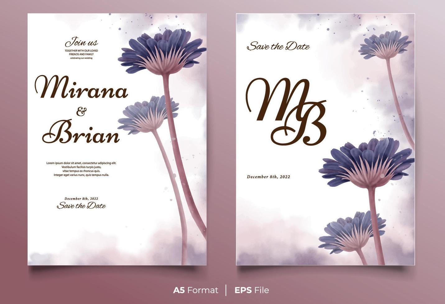 Watercolor wedding invitation template with purple flower ornament vector