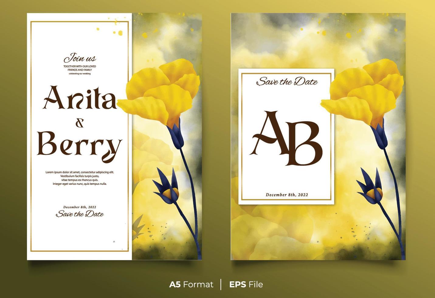 plantilla de invitación de boda de acuarela con adorno de flor amarilla vector