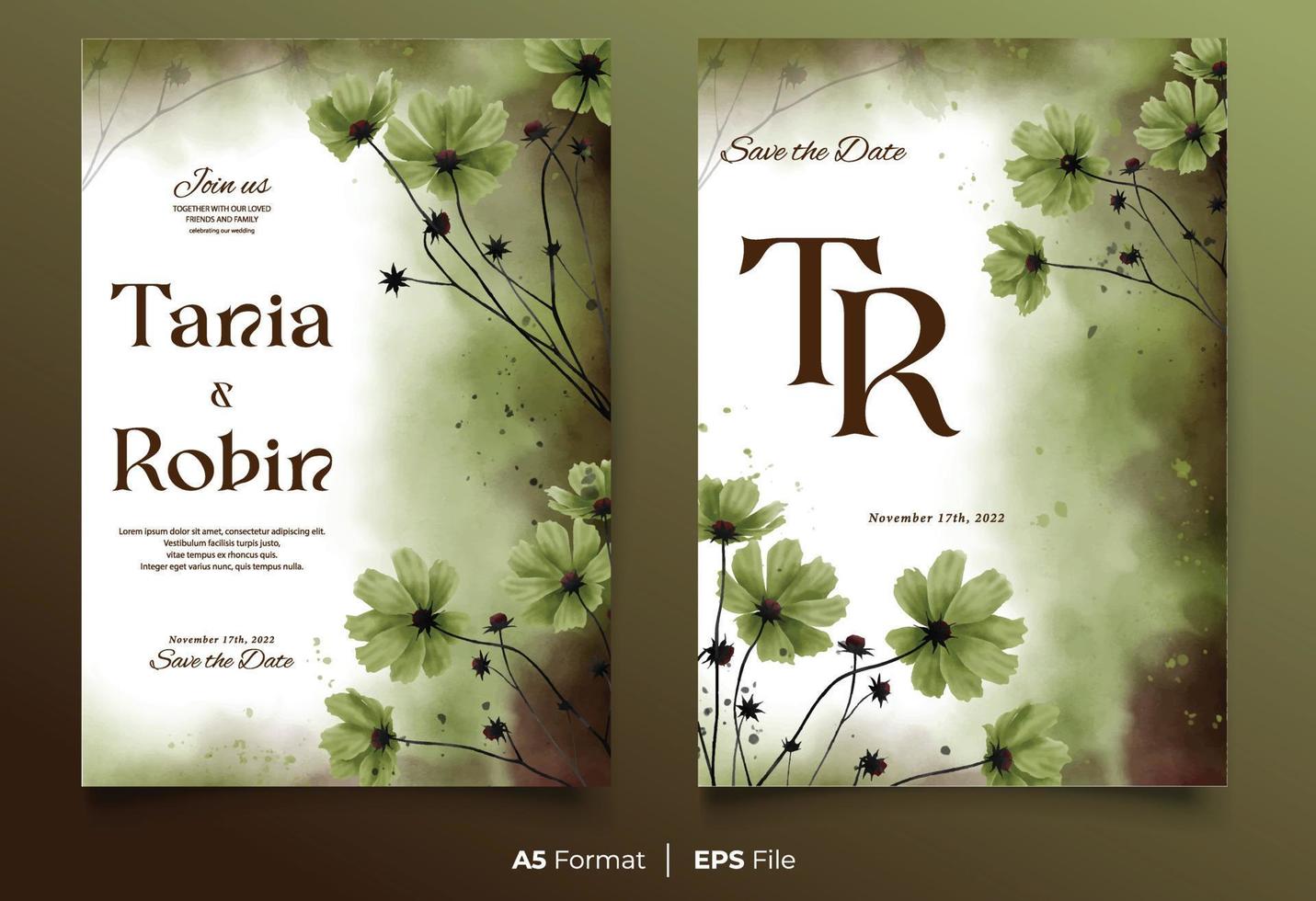 Watercolor wedding invitation template with green flower ornament vector