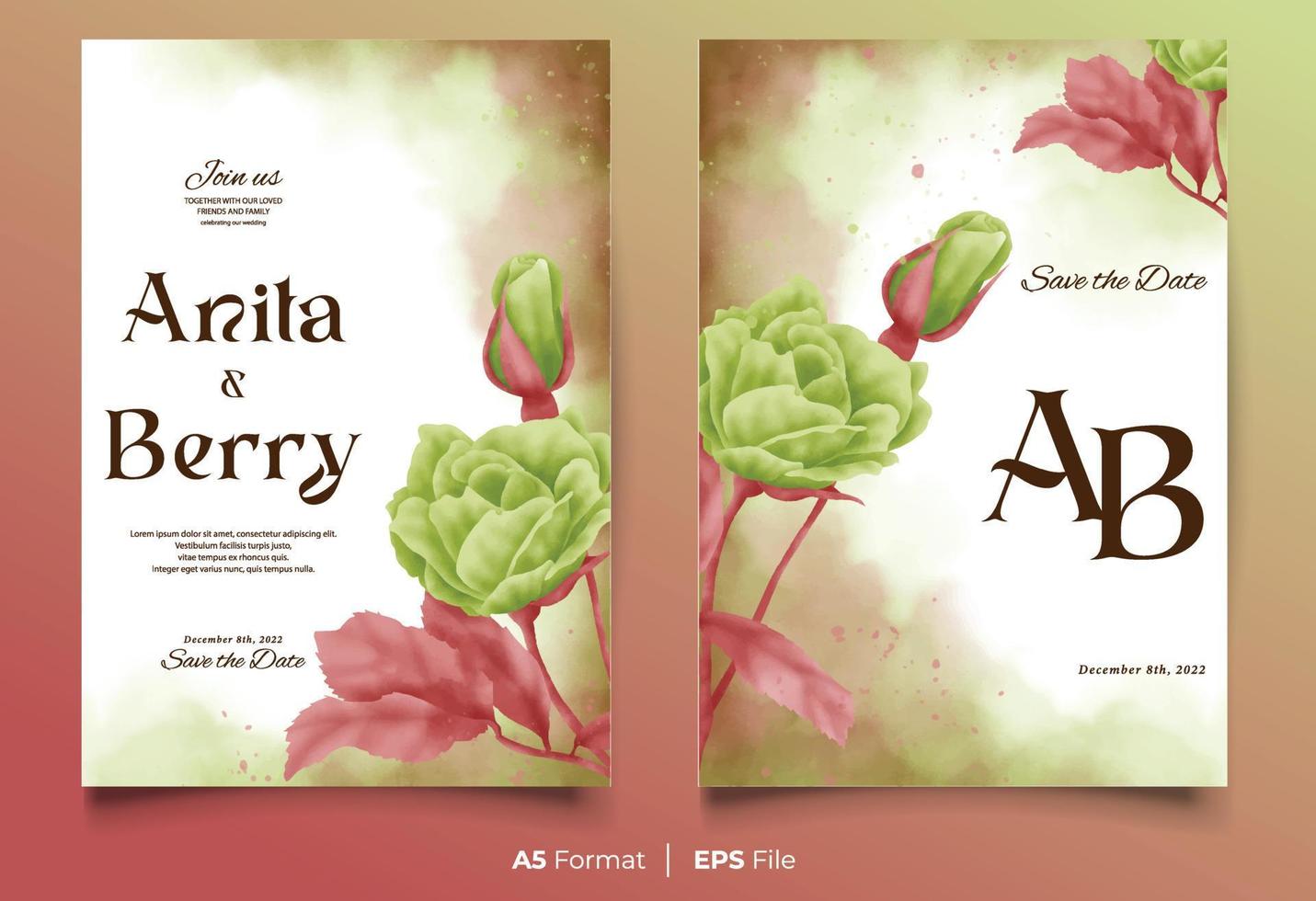 plantilla de invitación de boda de acuarela con adorno de flor rosa y verde vector