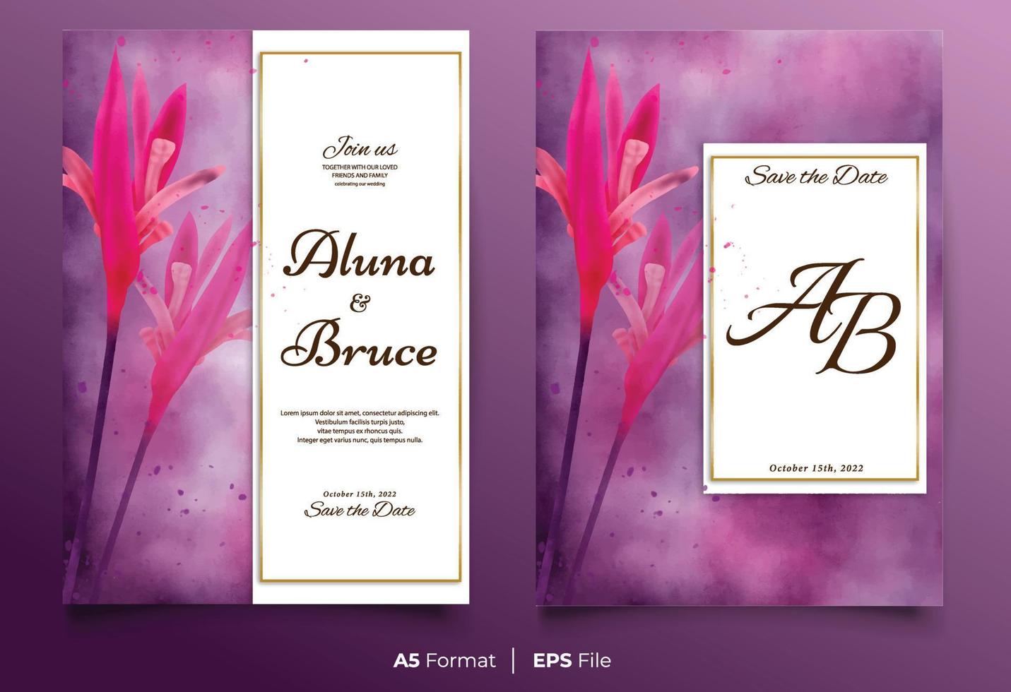 plantilla de invitación de boda de acuarela con adorno de flor rosa vector