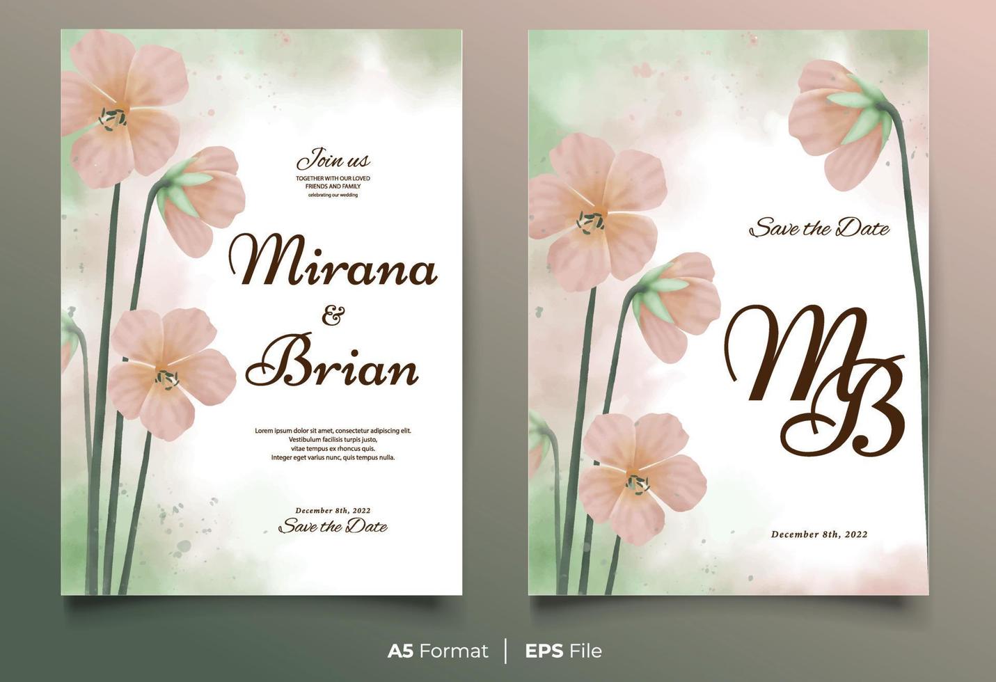 Watercolor wedding invitation template with peach flower ornament vector