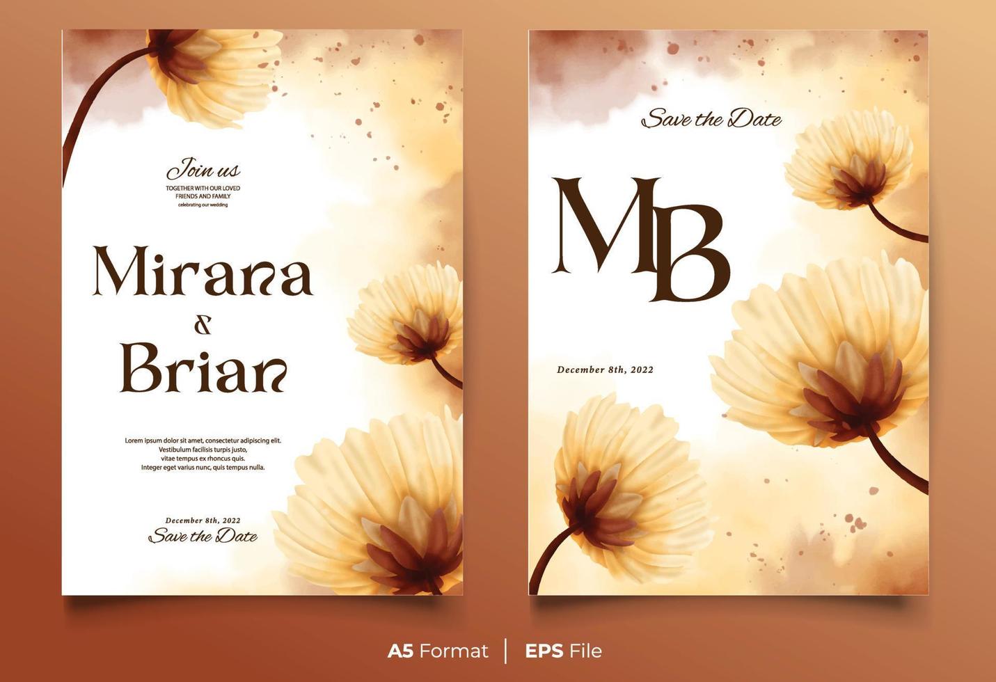 plantilla de invitación de boda de acuarela con adorno de flor marrón vector