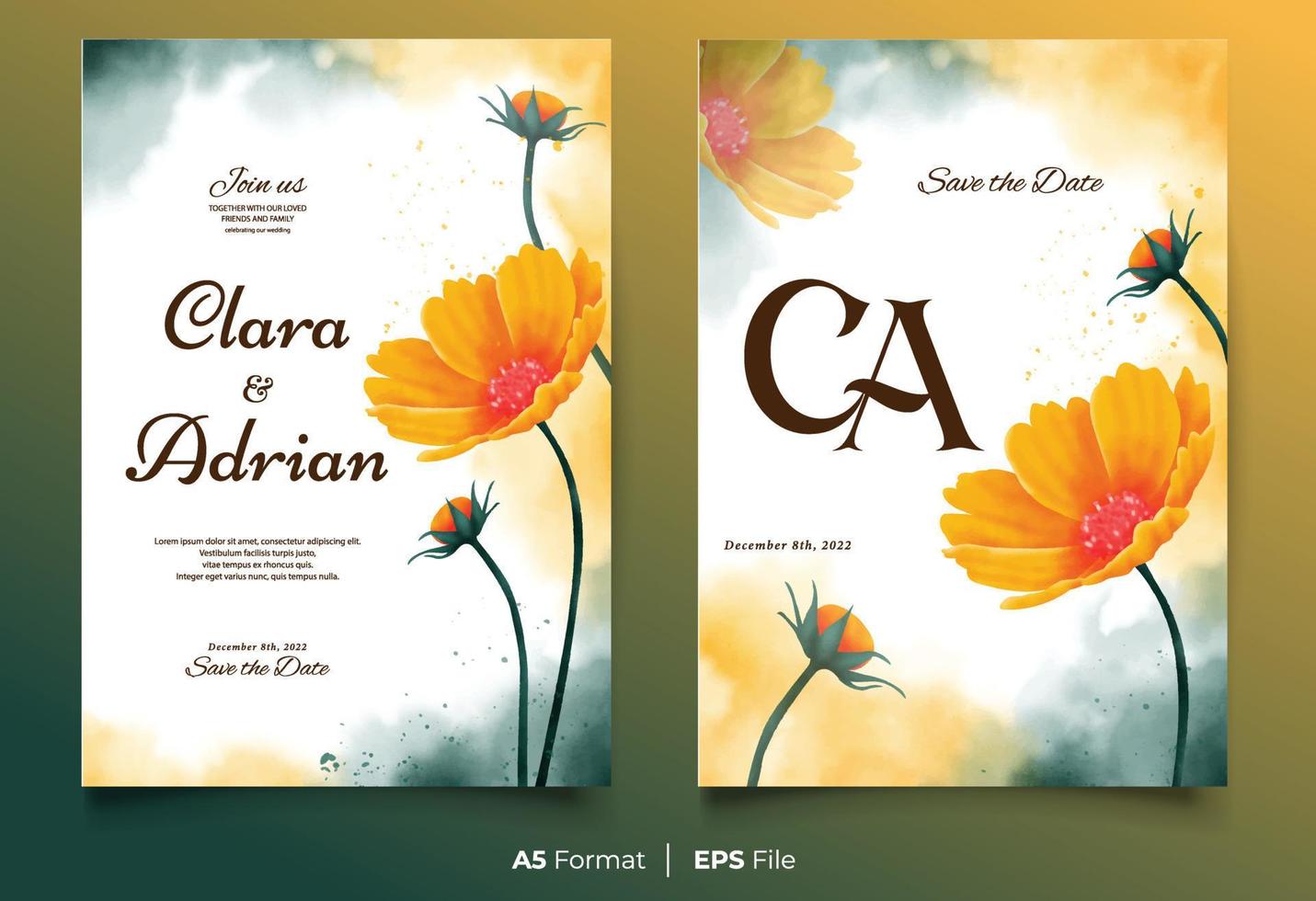 Watercolor wedding invitation template with yellow flower ornament vector