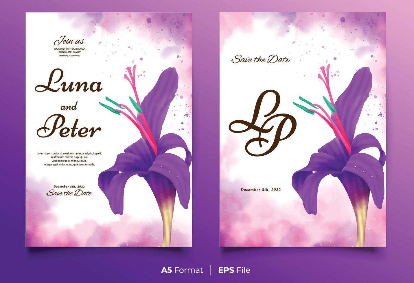 Watercolor wedding invitation template with purple and yellow flower ornament vector