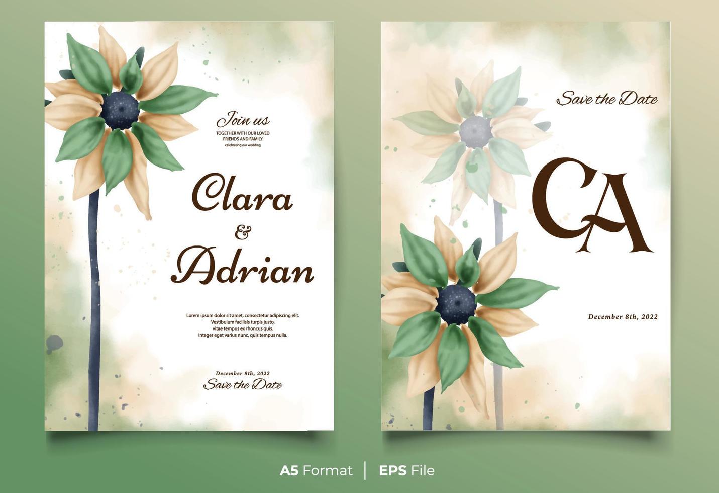 Watercolor wedding invitation template with green and yellow flower ornament vector