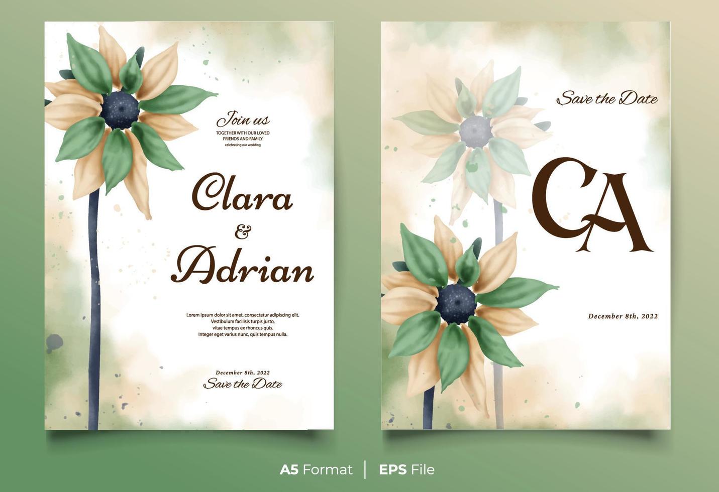 plantilla de invitación de boda de acuarela con adorno de flores verdes y amarillas vector