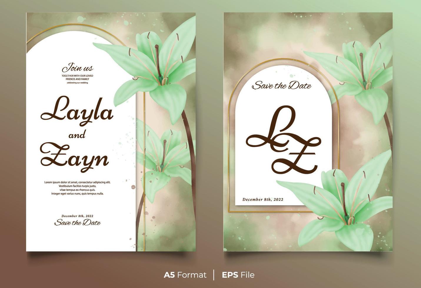 Watercolor wedding invitation template with green flower ornament vector