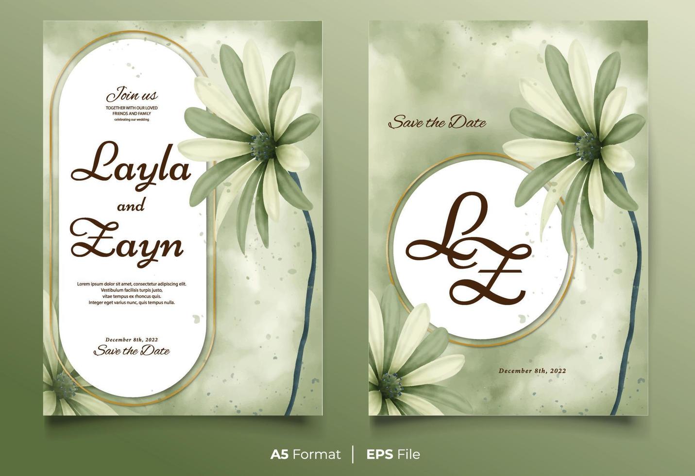 plantilla de invitación de boda de acuarela con adorno de flor verde vector