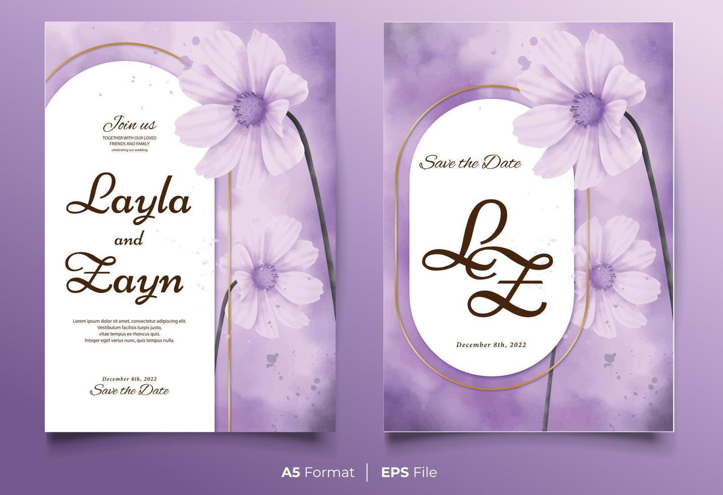 plantilla de invitación de boda de acuarela con adorno de flor morada vector