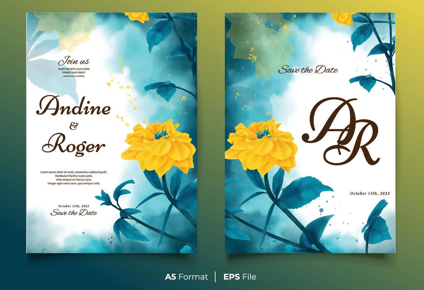 Watercolor wedding invitation template with yellow and blue flower ornament vector