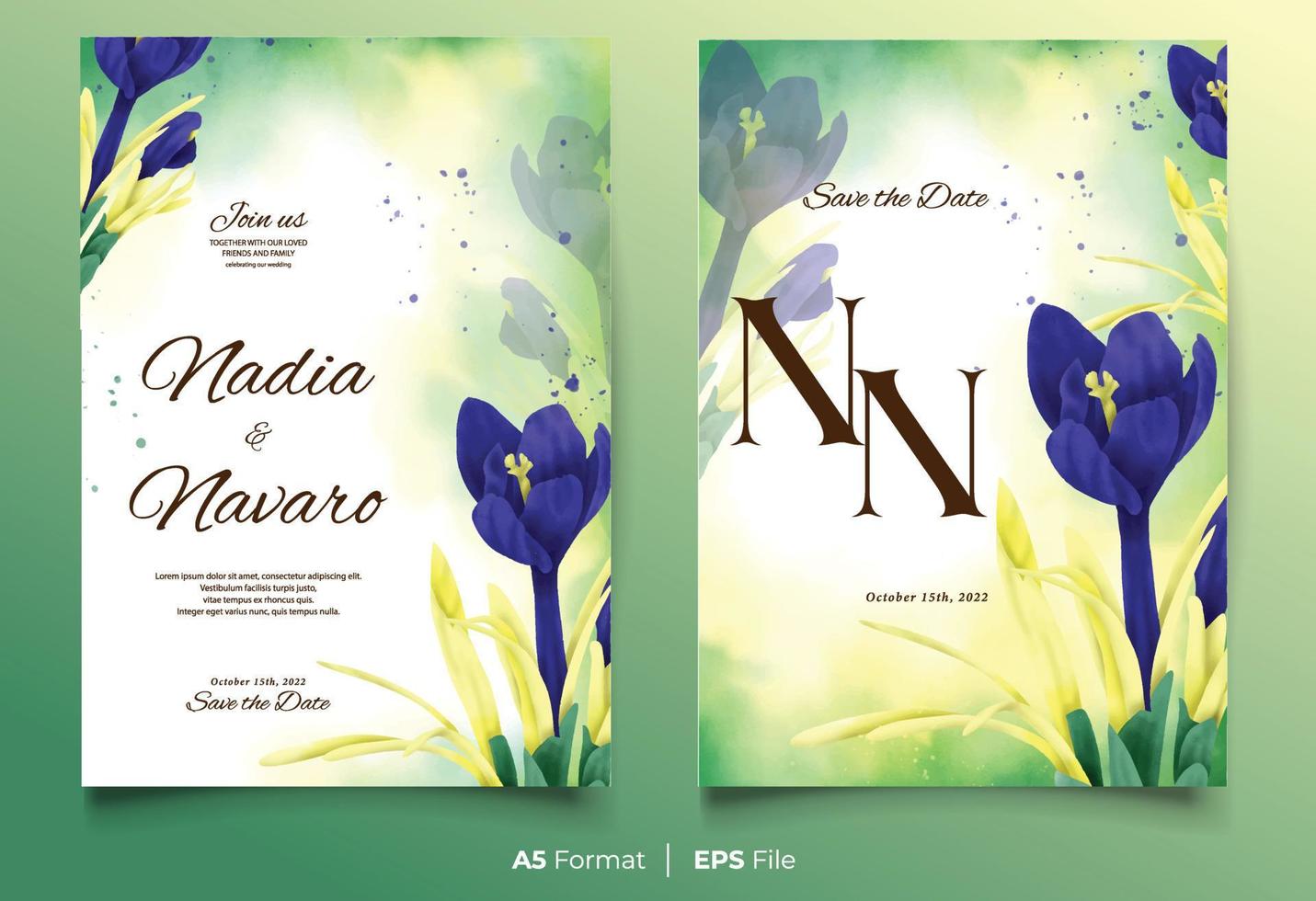 plantilla de invitación de boda de acuarela con adorno de flores amarillas y azules vector