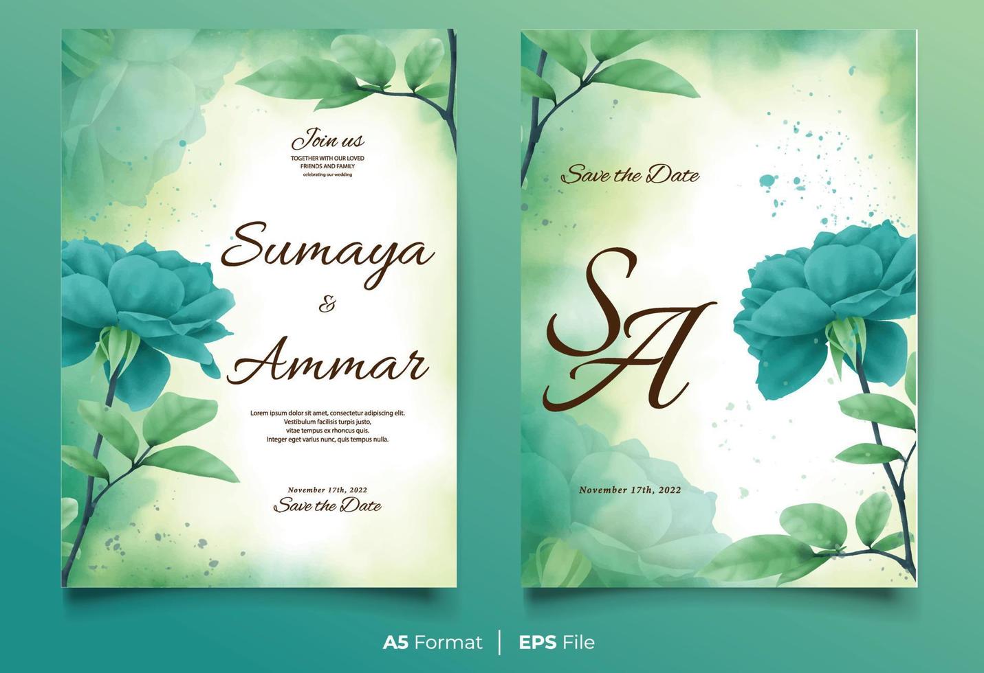 Watercolor wedding invitation template with blue and green flower ornament vector