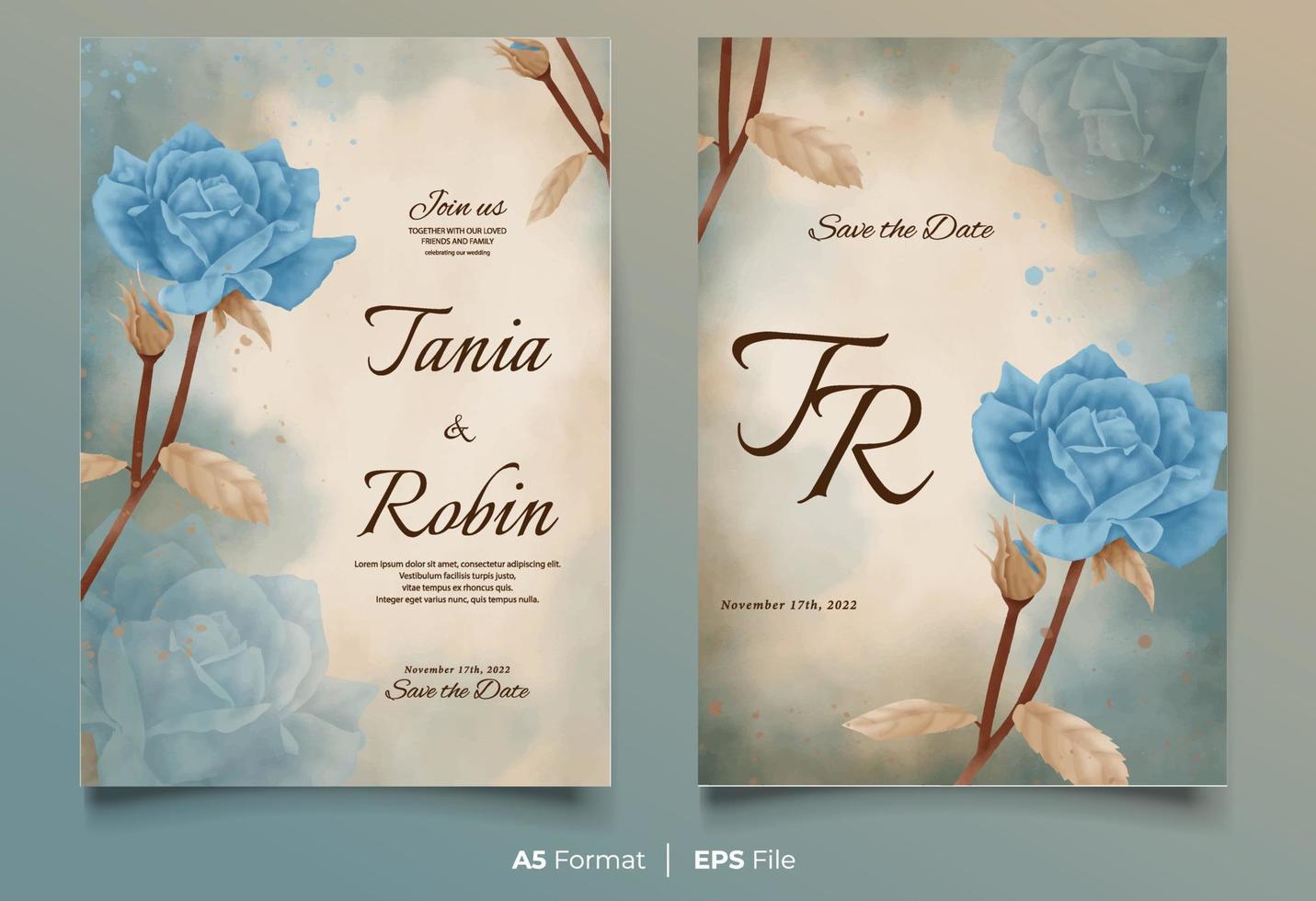 plantilla de invitación de boda de acuarela con adorno de flores azul y marrón vector