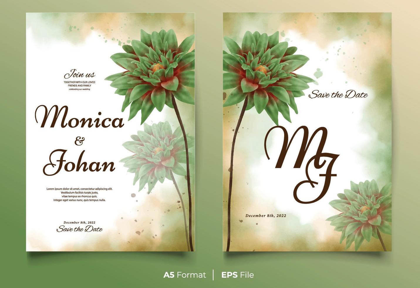 Watercolor wedding invitation template with green flower ornament vector